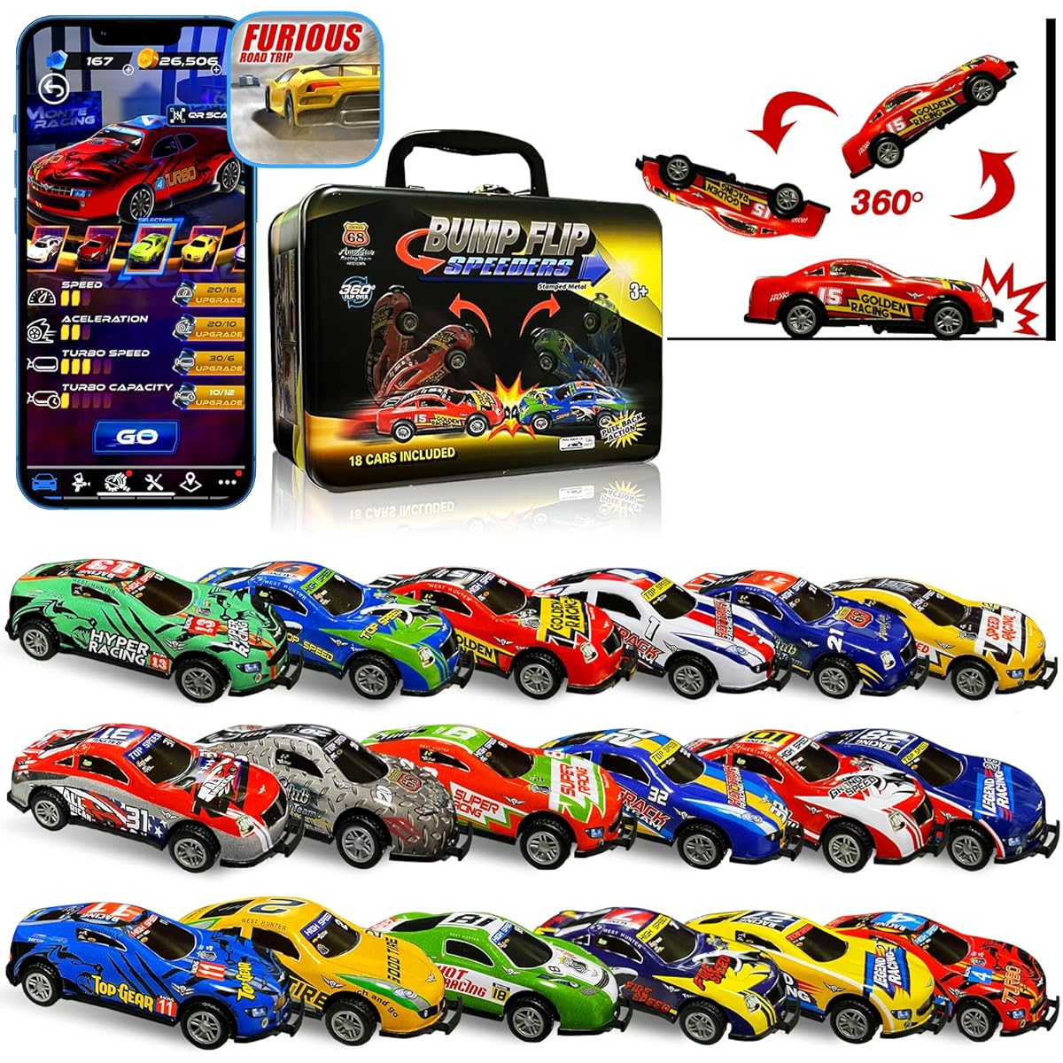 18 Stunt Pull Back Cars Toy Pack - Jumping Flip 1:64 Vehicle Diecast Metal Mini Race Car Set with Metal Storage Case & Free Online Games - 2023 Hot Toys Party Gifts for Ages 3+