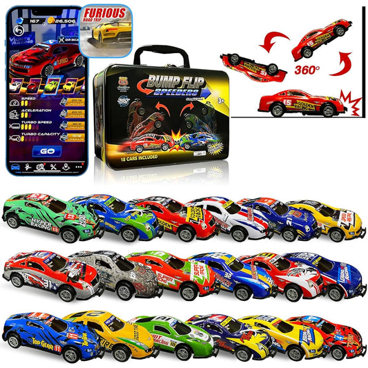 18 Stunt Pull Back Cars Toy Pack - Jumping Flip 1:64 Vehicle Diecast Metal Mini Race Car Set with Metal Storage Case & Free Online Games - 2023 Hot Toys Party Gifts for Ages 3+