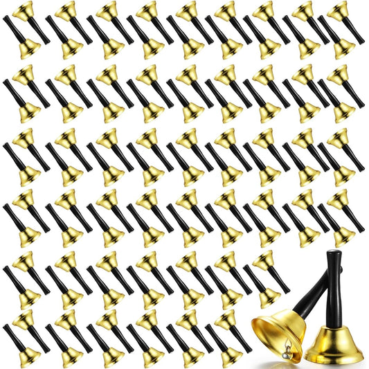 Fumete 100pcs Metal Handbell Silver and Gold Steel Christmas Dinner Service Handbell with Wooden Handle Musical Percussion for Sick Elderly Alert (Gold)
