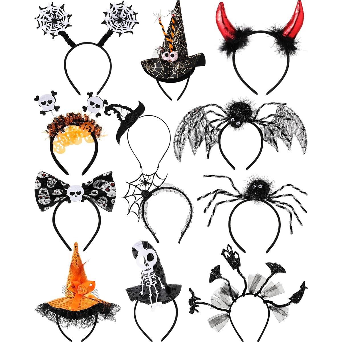 Halloween Headband Witch Hat Headband Devil Horns Headband Spider Web Halloween Costume Headband Skull Skeleton Bat Hair Bopper Halloween Cosplay Party Supplies 12 Styles