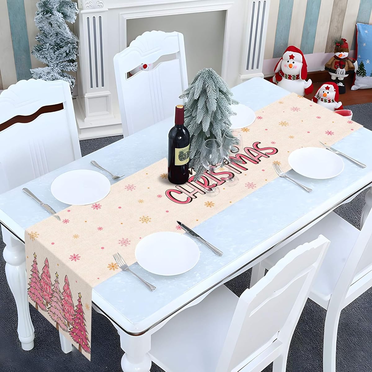 Nepnuser Pink Christmas Table Runner Merry Christmas Tree Winter Holiday Party Decorations Seasonal Home Kitchen Dining Room Island Decor (13" x 90")