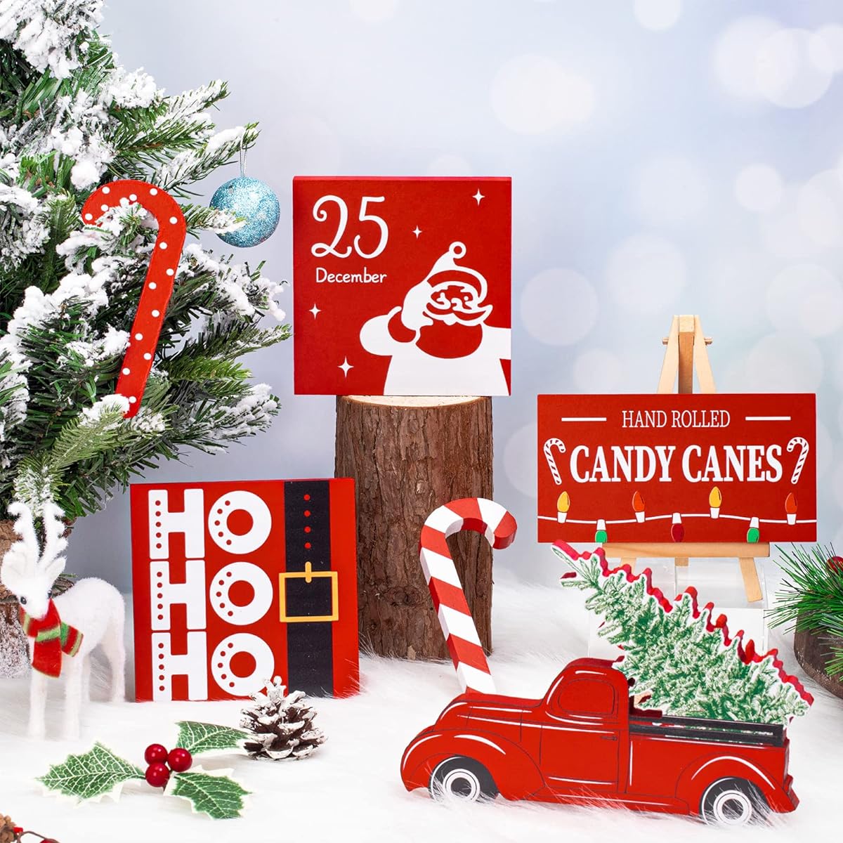 Whaline Christmas Tiered Tray Wood Decor Red White Santa Candy Cane Truck Wooden Sign Rustic Table Centerpiece Wood Tiered Tray Decoration for Christmas Winter Home Office Farmhouse