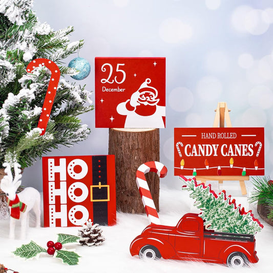 Whaline Christmas Tiered Tray Wood Decor Red White Santa Candy Cane Truck Wooden Sign Rustic Table Centerpiece Wood Tiered Tray Decoration for Christmas Winter Home Office Farmhouse