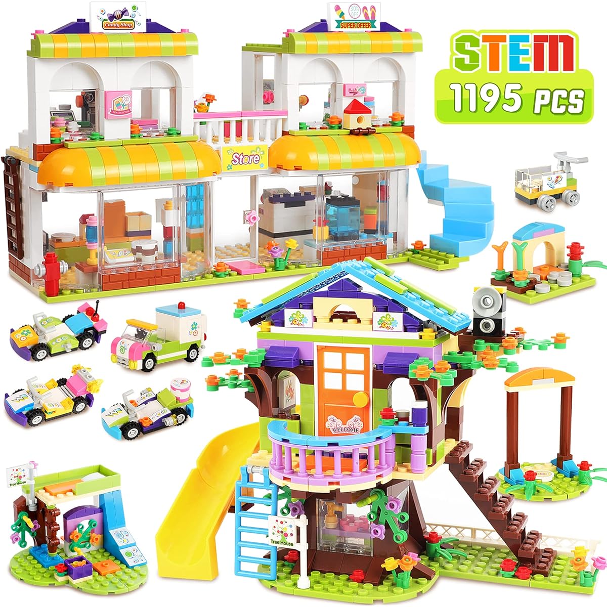 Friends Tree House Store Building Blocks Set for Girls 6-12 Supermarket Tree House Building Kit with Storage Box Creative Learning Role Play Christmas Birthday Gift for Kids (1195 Pieces)