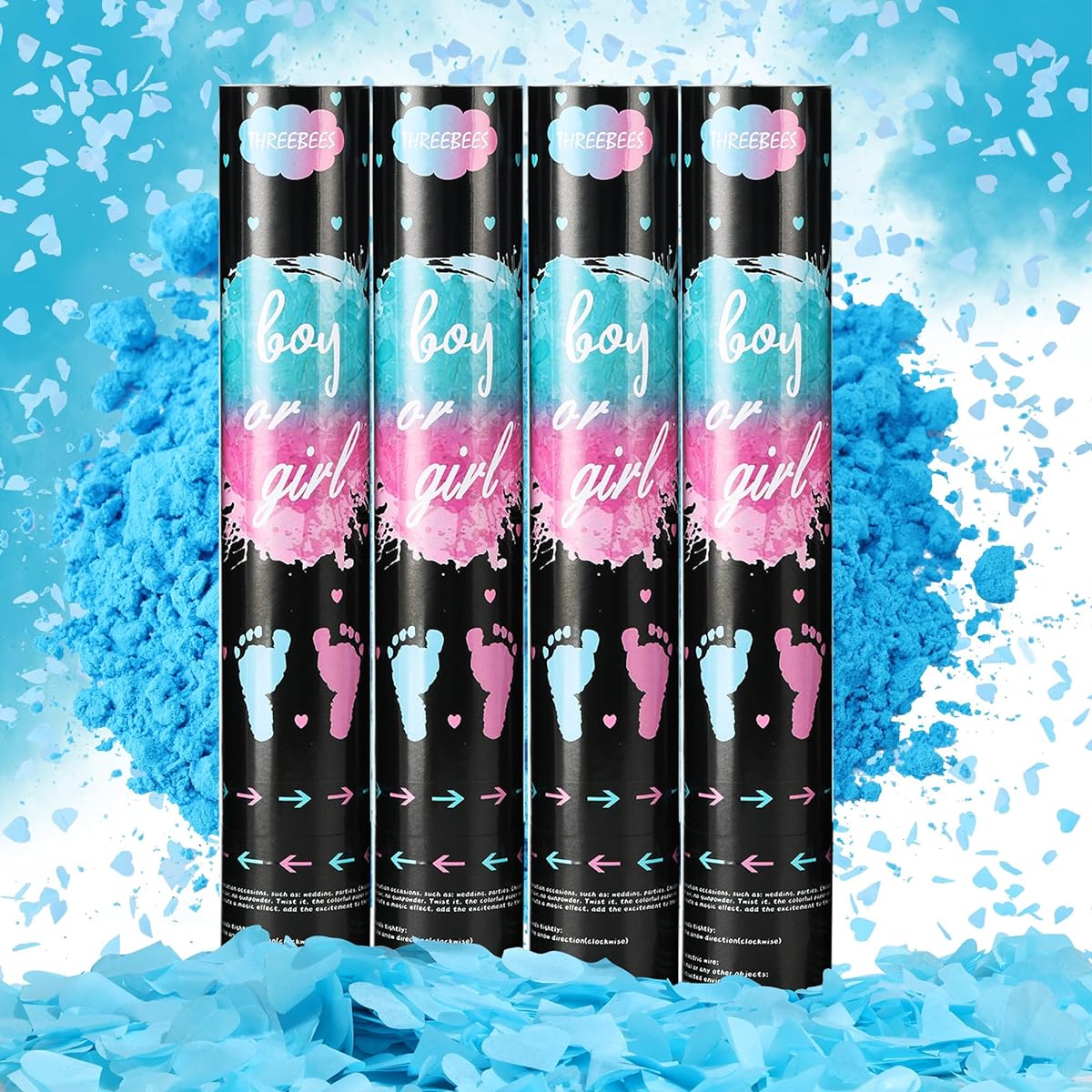Threebees 4 Pack Gender Reveal Confetti Cannon, Biodegradable Blue Confetti Paper Aerodynamic Firing 16-26ft Confetti Blaster for Boys/Girls for Gender Reveal