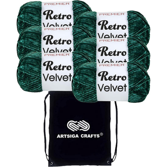 Premier Yarns Retro Velvet Emerald 1088-12 (6 Skeins) Same Dylot Chunky #5 Soft Knit Yarn 100% Polyester Artsiga Includes 1 Craft Bag