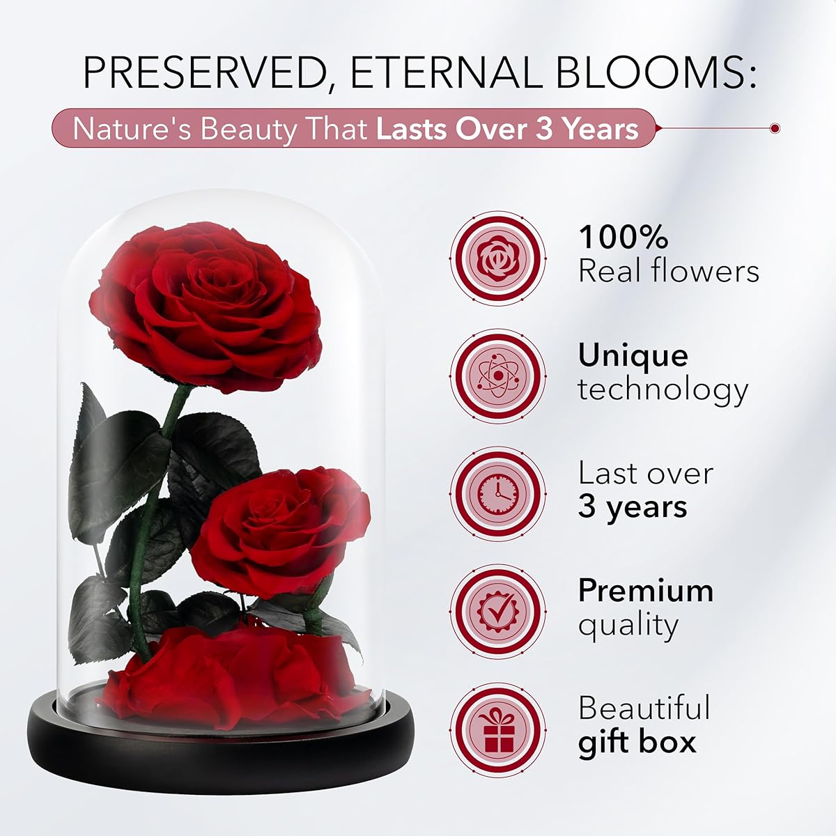 LOVAPPYEternal Glass Dome Flower: Preserved Rose - Perfect Infinity Forever Rose Gift for Her on Valentine's Day, Mother's Day, Birthday, Anniversary, Wedding, Christmas (Red 9 Inch)