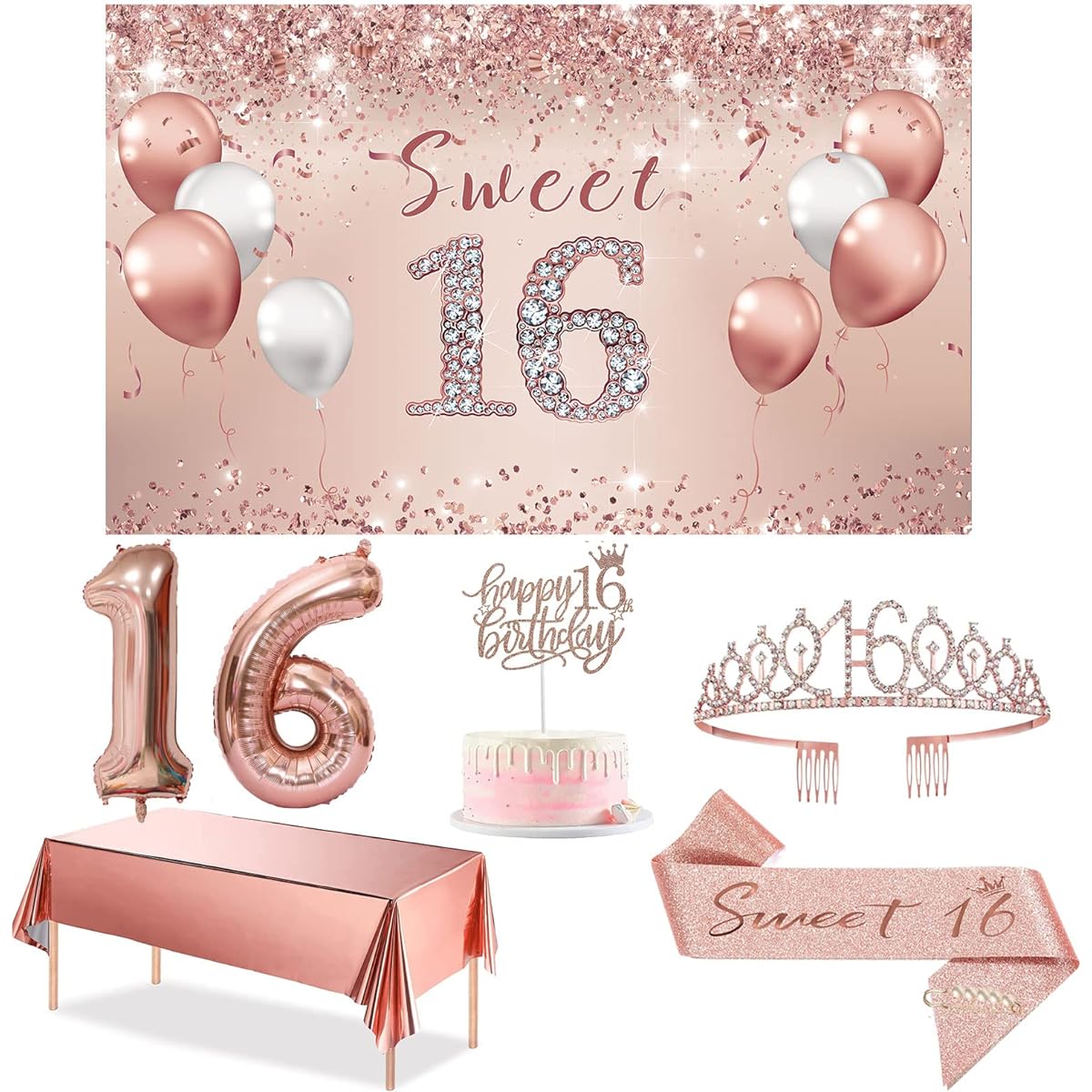 Trgowaul Sweet 16 Birthday Decorations Party Set for Girls, Rose Gold 16th Birthday Banner and Tablecloth, 1 Sweet 16 Sash and Tiara, 1 Happy 16th Birthday Cake Topper, Pink Gold Number 16