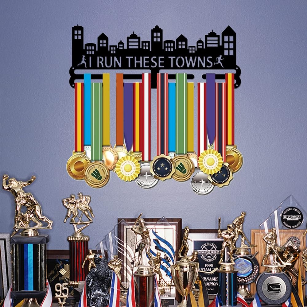 SUPERDANT Medal Holder Running Marathon Medal Display Motivational Quotes I Run These Town Black Iron Wall Hook Competition Medal Holder Display Wall Hanging