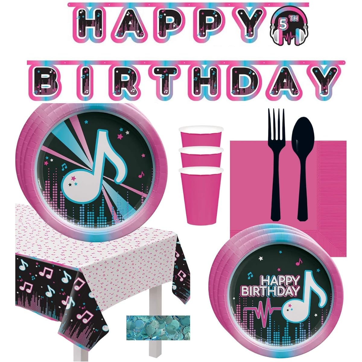 Tik Tok Party Supplies Kit for 16 Guests - Large and Small Paper Plates, Napkins, Cups, Plastic Cutlery, Table Cover, Jumbo Banner, Confetti