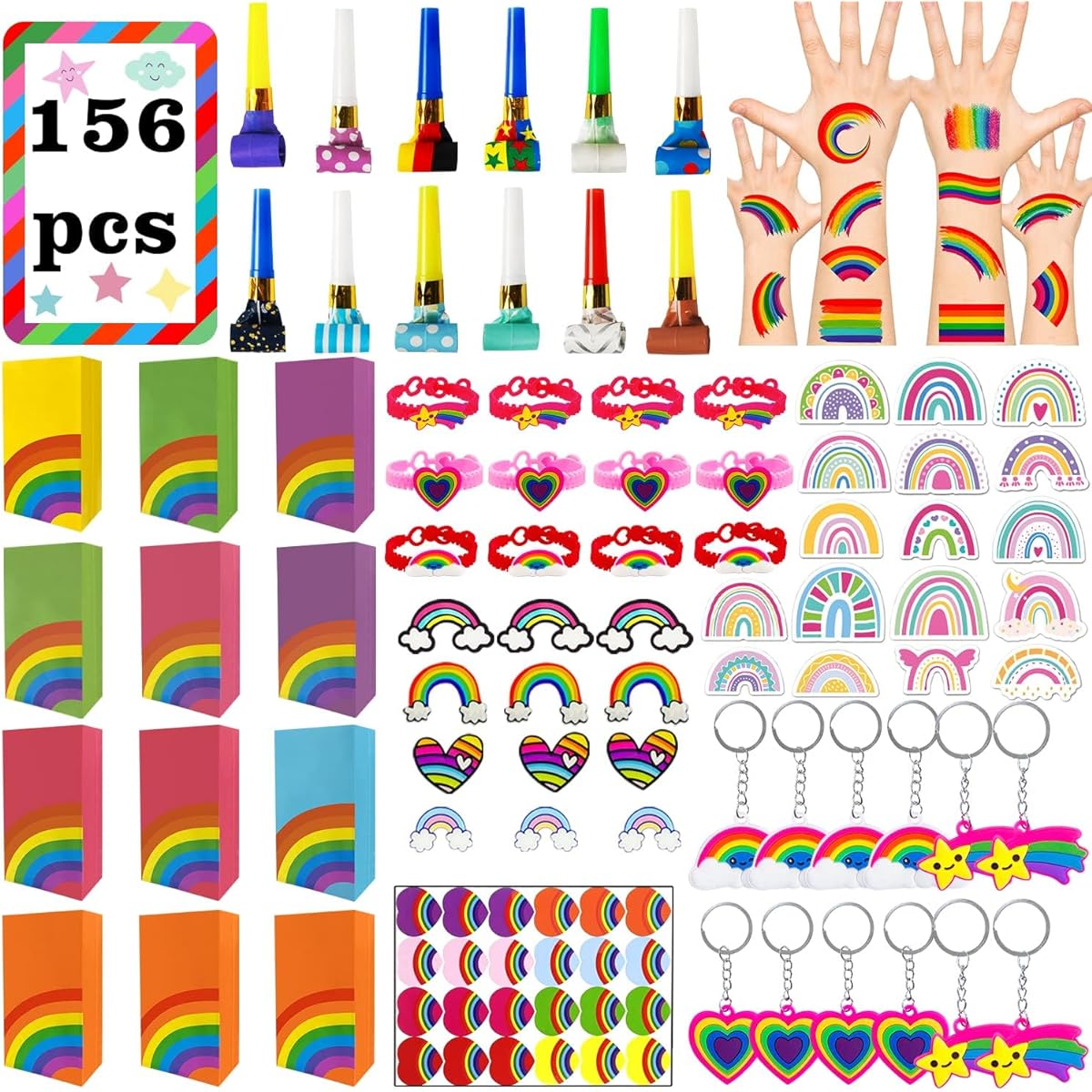 Leesgel 156pcs Art Rainbow Party Favors for Kids Tie Dye Rainbow Birthday Party Supplies Decorations Small Gifts Goodie Bag Stuffers Brooches Stickers Whistles Keychains Tattoos