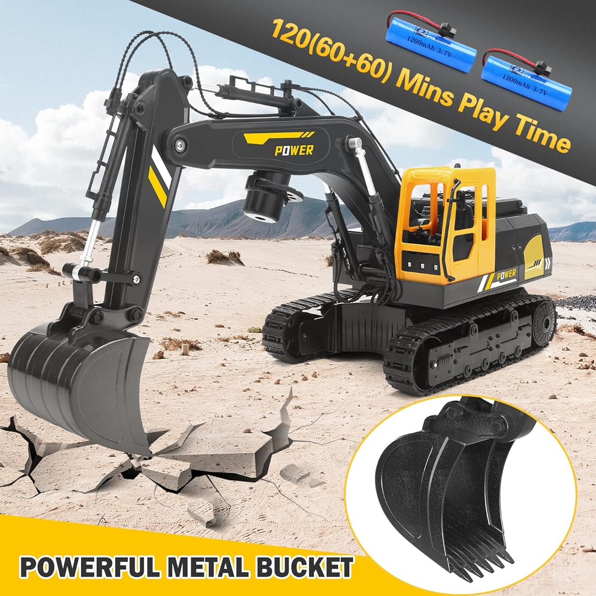 Remote Control Excavator Toys for Boys - 12 Channel Metal Excavator RC Excavator with Spray & LED Lights RC Construction Vehicle with 2 Batteries for Kids Boys Girls Age 4-7 8-12
