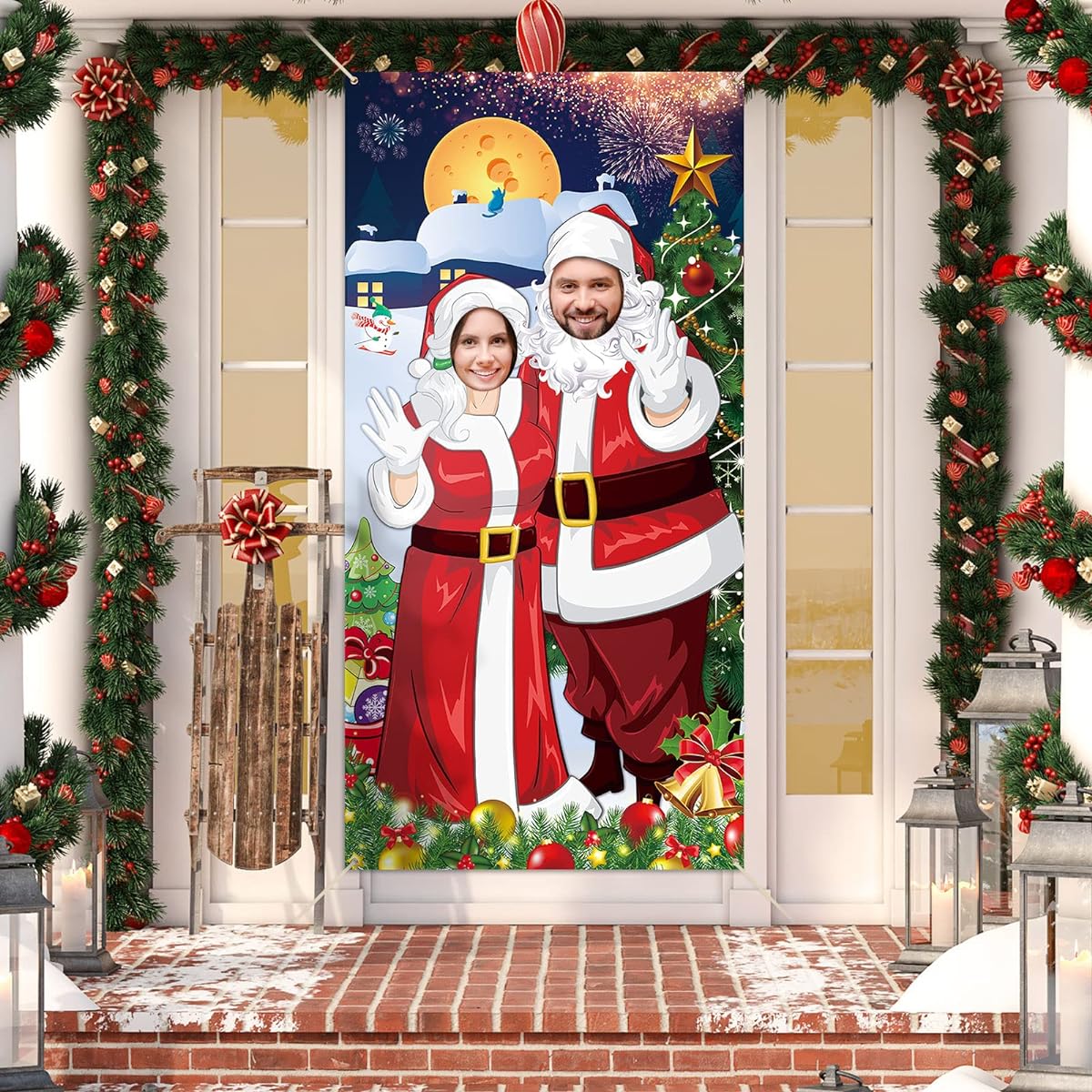 Christmas Party Decorations, Christmas Photo Door Banner Backdrop Props, Giant Funny Christmas Door Decorations Face in a Hole Christmas Photo Booth Props with Rope, Christmas Holiday Party Supplies 72 x 36 Inch