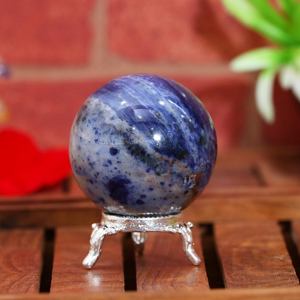 Crocon 50mm Sodalite Stone Sphere with Metal Stand, Over 1400 Carats Gem Ball Healing Sphere Sculpture Figurine Feng Shui Fortune Telling Home Decoration Photography Crystal Sphere