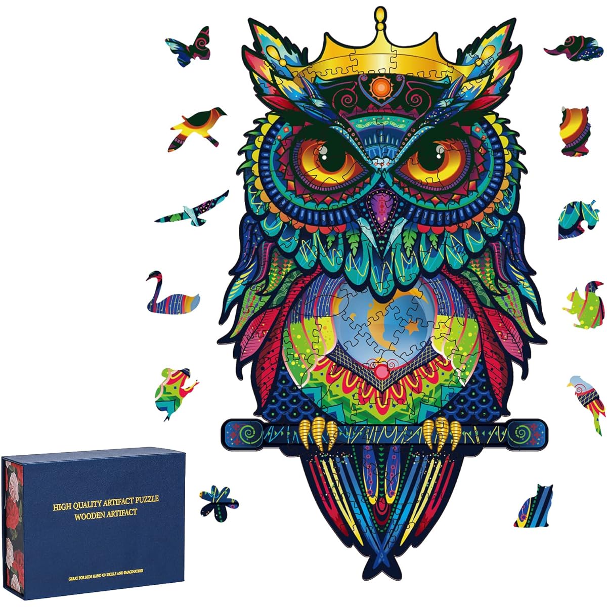 NKTDWO Wooden Jigsaw Puzzle for Adults, Clown Owl Puzzle for Kids, Unique Animal Shape Wooden Puzzle, Holiday Birthday Gift for Family Friends (Owl, Small Size)