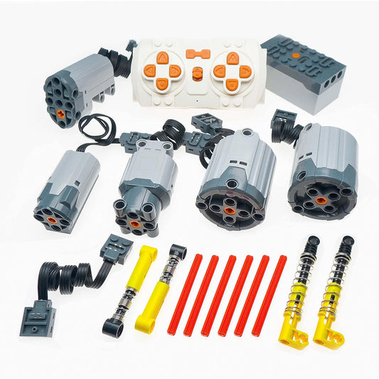 18 piece Power Functions set compatible with ASTEM technology parts, including XL/L/M motors, servo motors, remote control kits and parts kits.