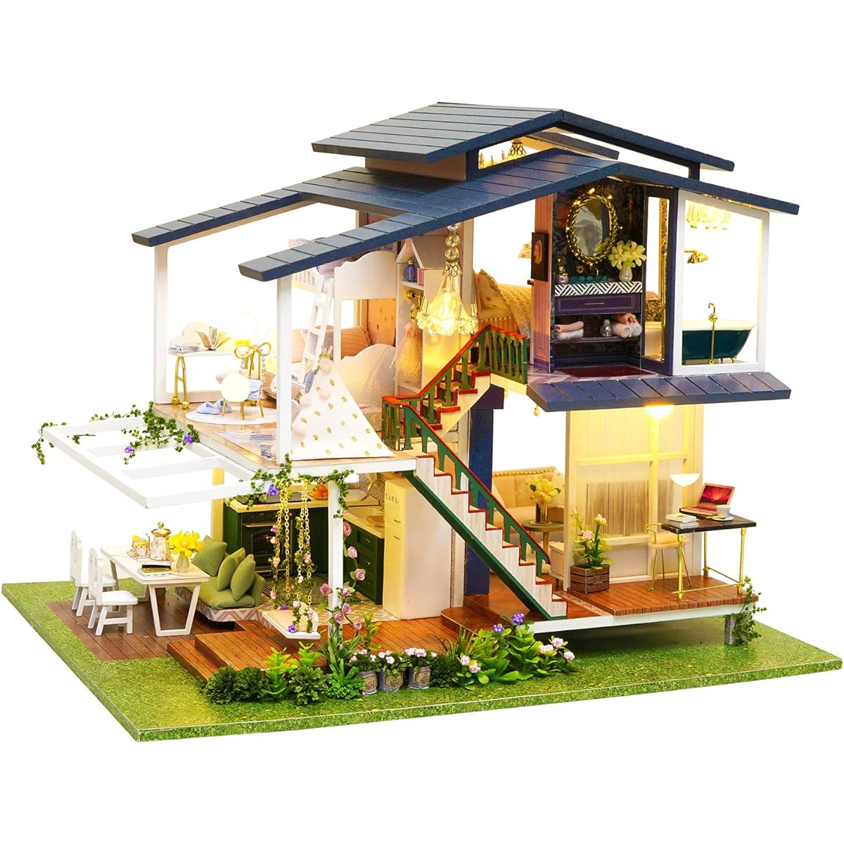 Dollhouse Miniature with Furniture DIY 3D Wooden Dollhouse Kit French Villa Style Plus Dust Cover with Music Movement 1:24 Scale Creative Room Idea Friends Lover A081