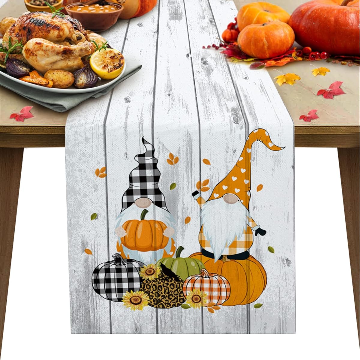 Dining Table Runner 90 Inch Length Fall Thanksgiving Pumpkin and Gnome Wooden Farmhouse Coffee Table Runner Kitchen Table Runner for Wedding Graduation Party