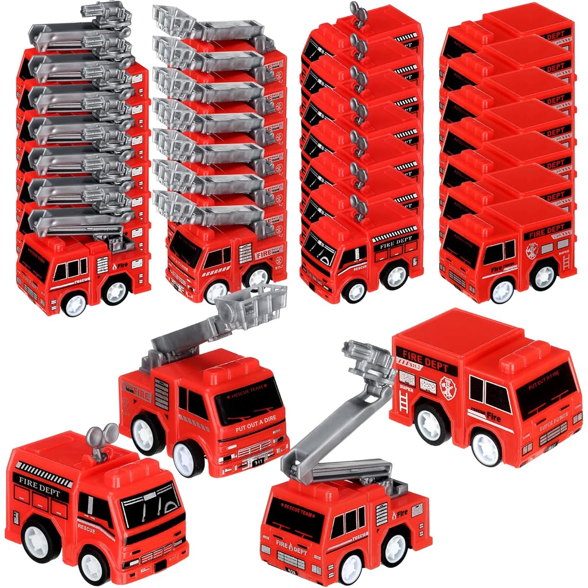 Mini Pull Back Fire Truck Toys - 48 Pieces Small Pull Back Fire Engine Plastic Fire Truck Toy Truck Firefighter Birthday Party Supplies Firefighter Favors Goodie Bag Fillers - 4 Styles