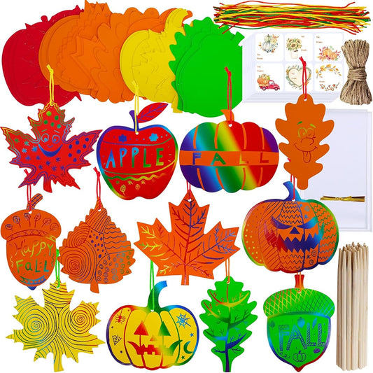 Winlyn 48 Sets Colorful Magic Color Scratch Autumn Scratch Art Maple Leaf Oak Leaf Pumpkin Apple Acorn Autumn Craft Kits for Kids Class Activities Halloween Harvest Party Decorations