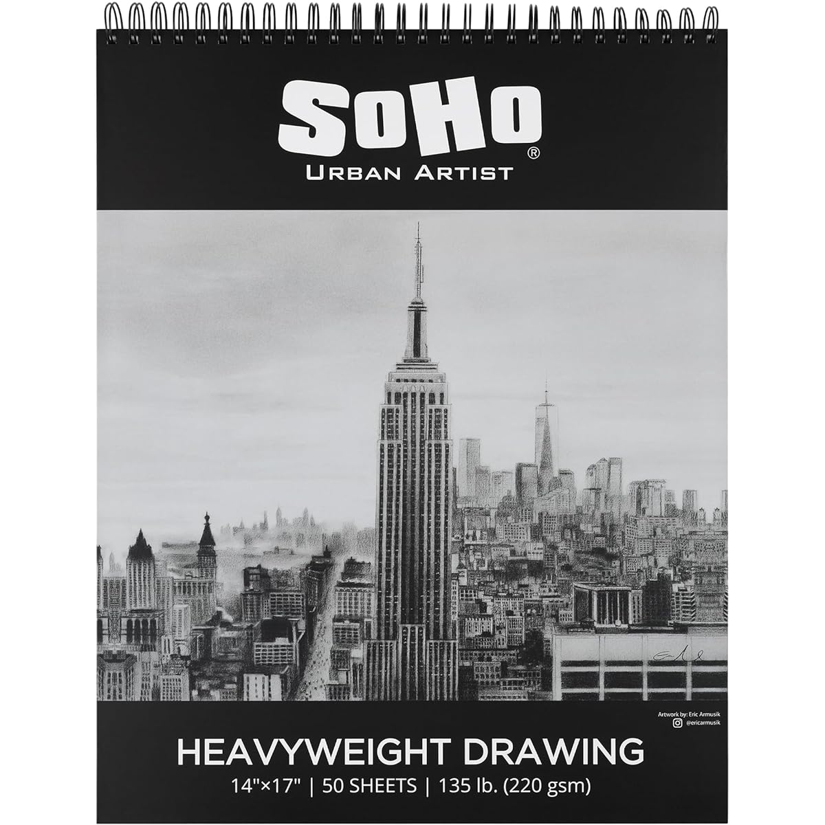 SoHo Urban Artist Hardcover Drawing Pad 14x17" - 130lb (220gsm) Drawing Paper Pad for Artists/Travel/Illustration and More - Single