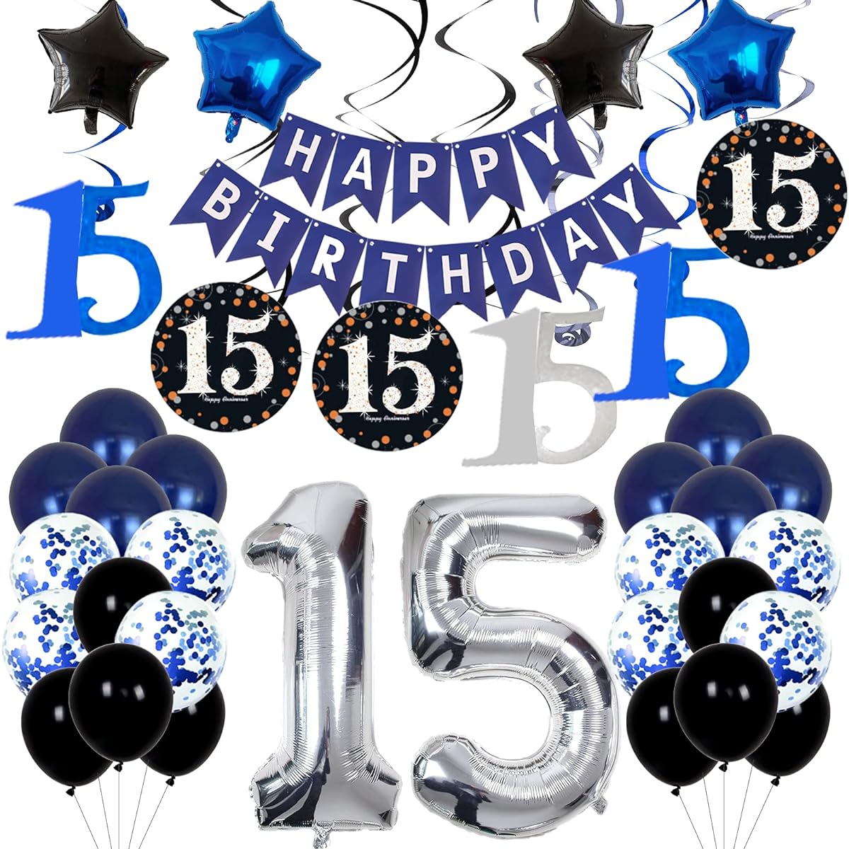 15th Birthday Decorations for Boys Girls Navy Blue Teenager Kids Party Supplies Birthday Party Banner Balloons Birthday Party Decorations 15th Birthday Party Supplies Kit