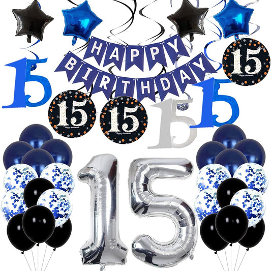 15th Birthday Decorations for Boys Girls Navy Blue Teenager Kids Party Supplies Birthday Party Banner Balloons Birthday Party Decorations 15th Birthday Party Supplies Kit