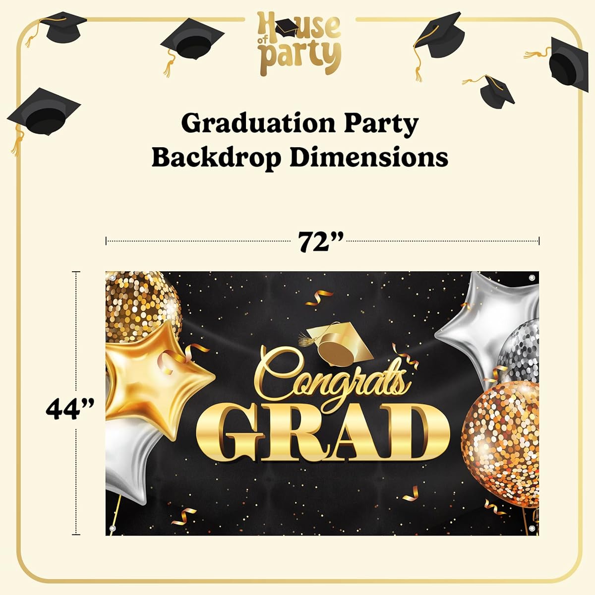 HOUSE OF PARTY Congrats Grad Backdrop - 72x44 Inch Black and Gold Graduation Decoration for Class of 2024 Congratulations Banner Photo Booth Backdrop