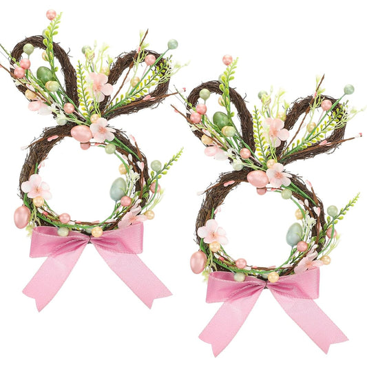 XunYee 2pcs Easter Bunny Spring Wreath for Front Door, Easter Rabbit Door Wreath with Bow Rabbit Garland and Artificial Flowers, Easter Door Hanger, Spring Easter Decorations