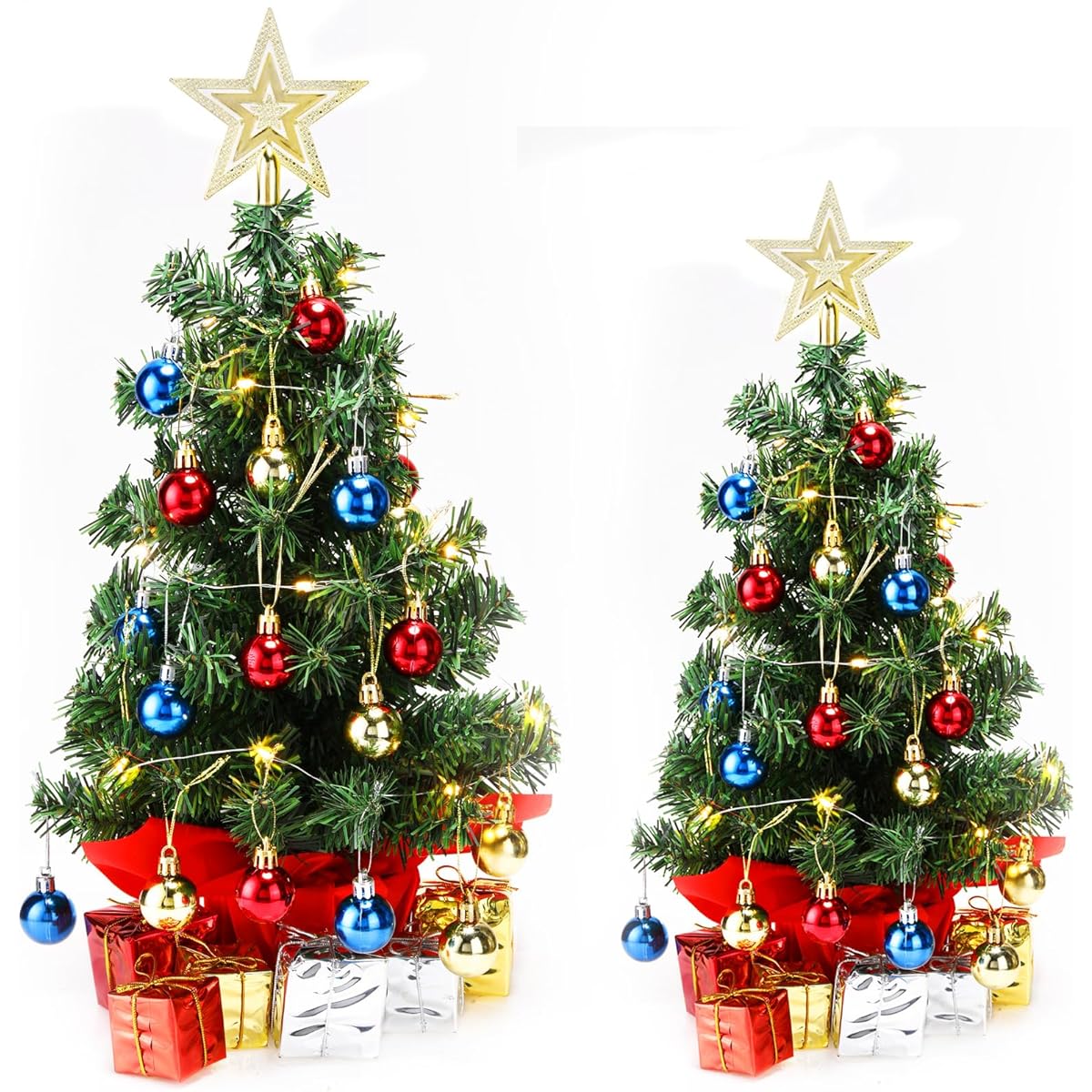Wettarn Tabletop Mini Christmas Tree Set, 2 Pieces 18" and 24" Tabletop Christmas Tree, Mini Artificial Tabletop Christmas Tree with LED Lights, Ornament Balls, Start Tree, Decorative Gift Box