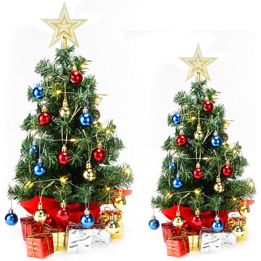 Wettarn Tabletop Mini Christmas Tree Set, 2 Pieces 18" and 24" Tabletop Christmas Tree, Mini Artificial Tabletop Christmas Tree with LED Lights, Ornament Balls, Start Tree, Decorative Gift Box