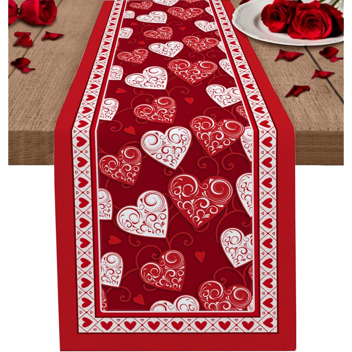 Valentine's Day Table Runner 90 Inch Length Cotton Linen Kitchen Dinner Table Runner Red White Valentine Love Heart Burlap Table Runner for Table/Dresser/Dining/Party/Wedding/Spring Holiday Runner