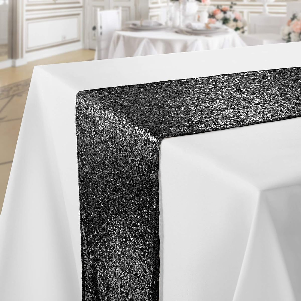 Lann's Linens 12" x 108" Black Sequin Table Runner, Sparkly Tablecloth for Weddings, Parties, Banquets