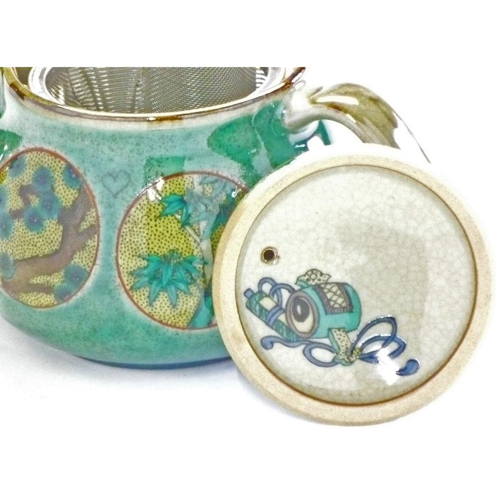 Kutani ware [teapot/teapot] Large round crest pine, bamboo, plum, and green lacquer ``Ura-e''