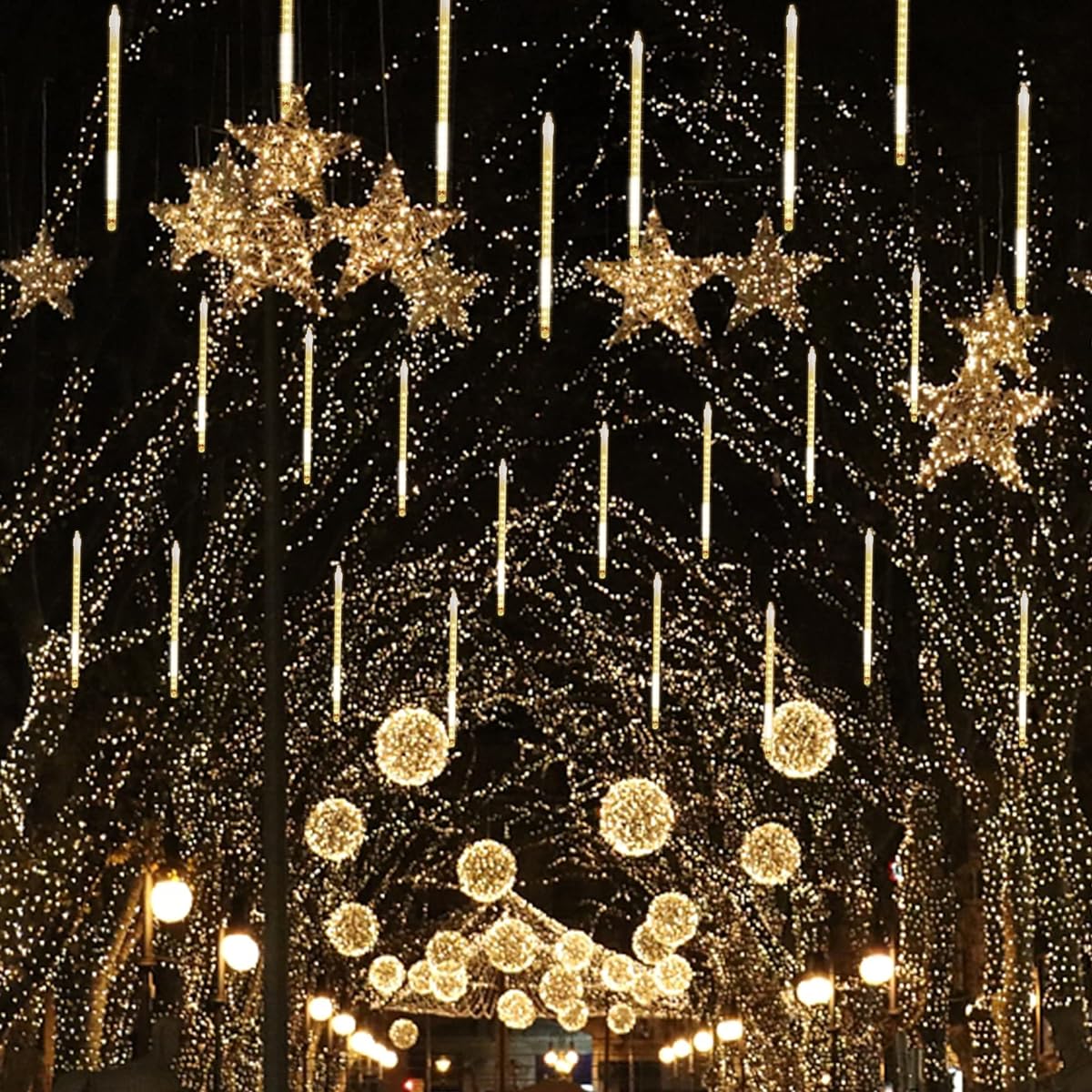 Meteor Shower Lights 12" Outdoor Icicle Christmas Lights 8 Tube 288 LED Icicle Lights Snow Falling Lights Connectable Raindrop Lights for Christmas Wedding Party Tree Holiday Decoration Warm White