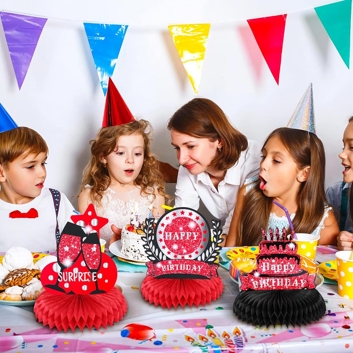 8pcs Red Black Happy Birthday Decorations Table Honeycomb Centerpieces Red Black 3D Happy Birthday Table Toppers Signs Party Supplies for Women Men Birthday Table Decor Party Favors Photo Booth Props