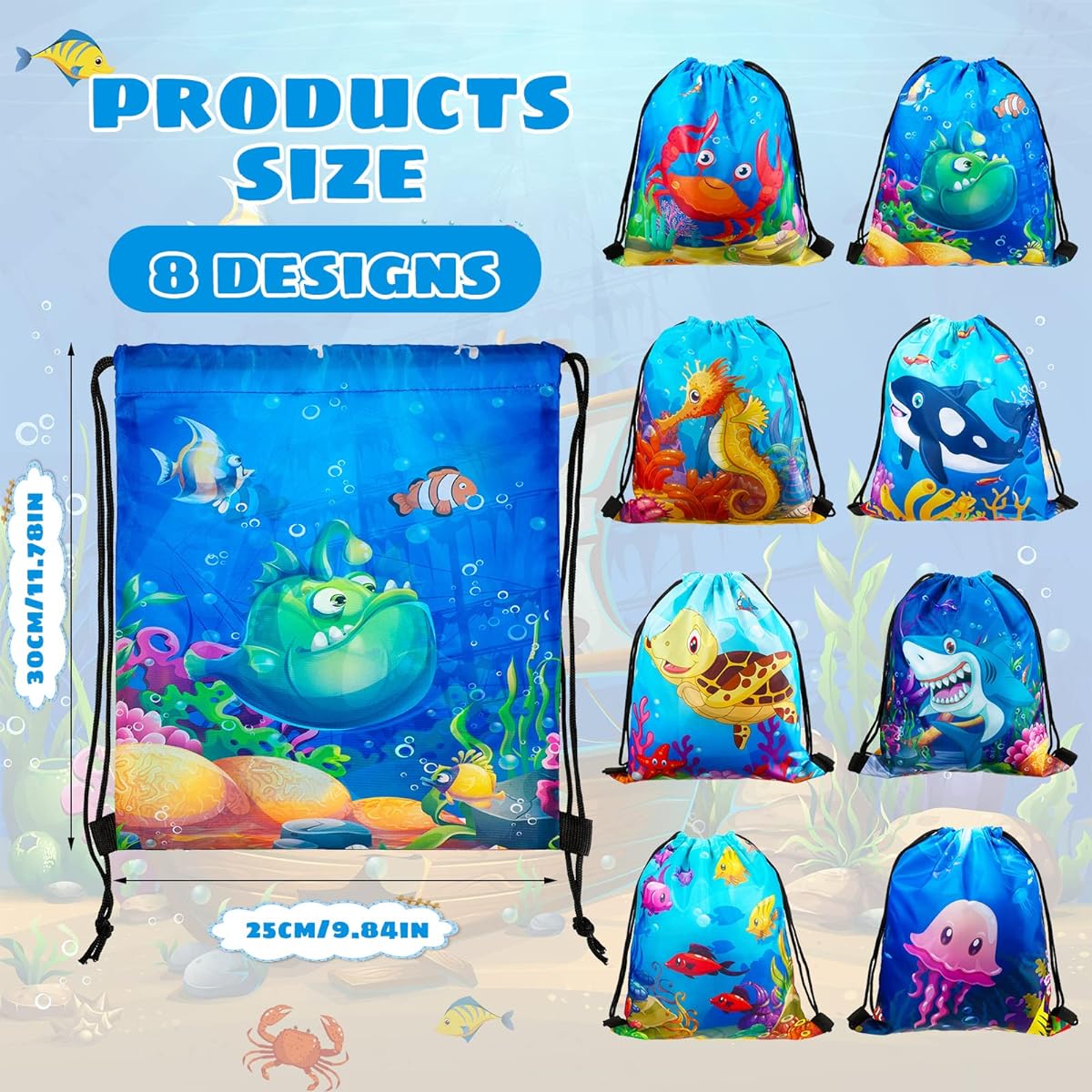 Mixweer Undersea Ocean Party Favors Bags for Kids Birthday Supplies Decorations, 8 Designs, 11.8 x 9.8 Inch (32 Pieces)