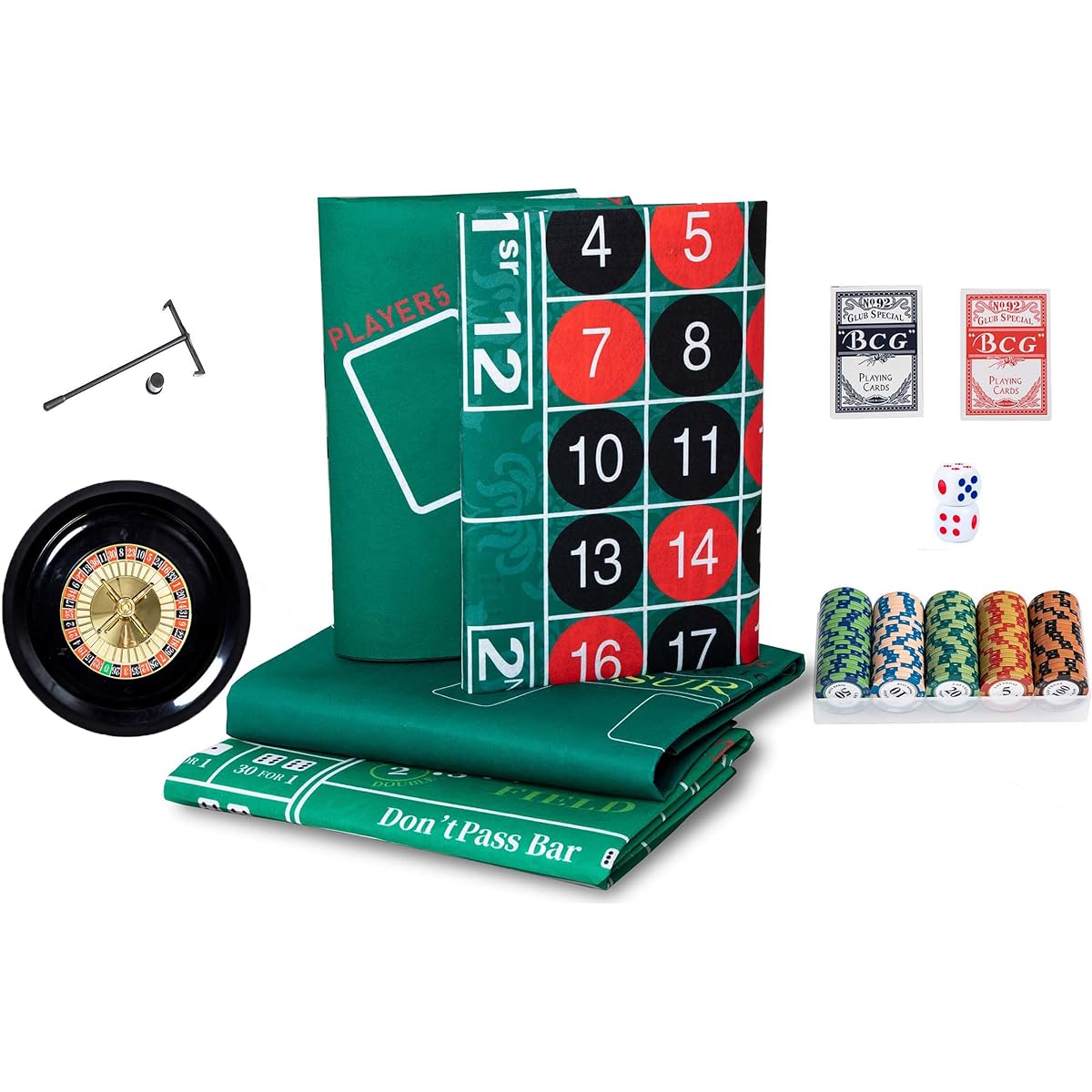 Harfirbe Casino Games 4-in-1 Set Roulette Wheel Set 100 Chips 2 Pairs of Dice Poker and 2 Pairs of Dice Roulette Texas Poker Blackjack Double Sided Green Felt Game Table Mat