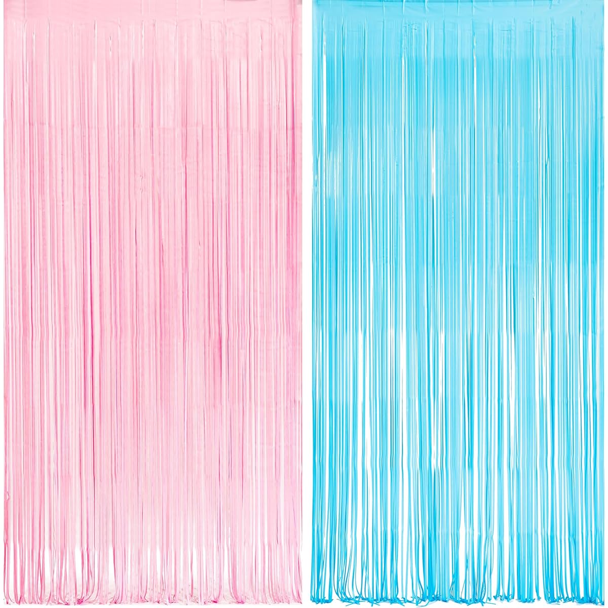 GREATRIL Party Photo Backdrop Pink and Blue Foil Fringe Tinsel Streamers for Gender Reveal/Boy/Girl/Pastel/Easter/Baby Shower/Birthday Party Decorations - 3.3ft x 8.5ft - 2 Pack
