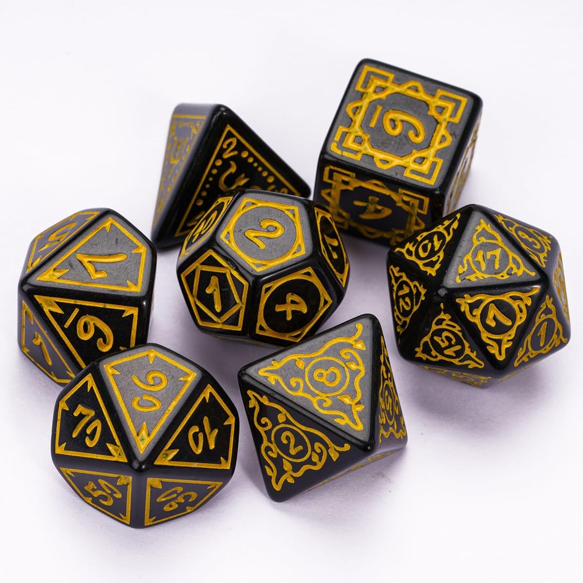 Poludie DND Dice Set -D&D Polyhedral Dice (7pcs) Druid Dice with Leather Dice Bag for Dungeons & Dragons Roleplaying Dice Game RPG (Druid - Black Yellow)