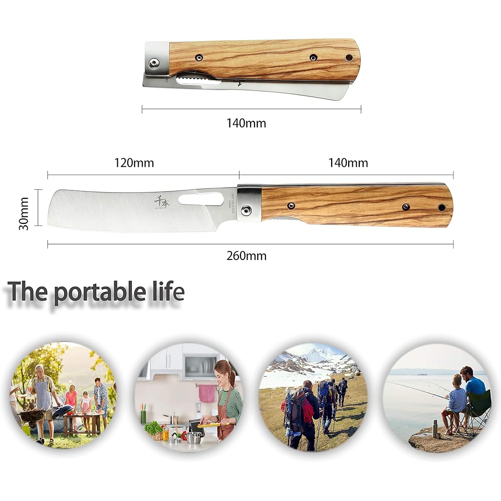 SENBON 440A Stainless Steel Good Sharpness Foldable Portable Japanese Style Chef Knife Nakiri Natural Olive Handle Camping Travel BBQ Kitchen Knife