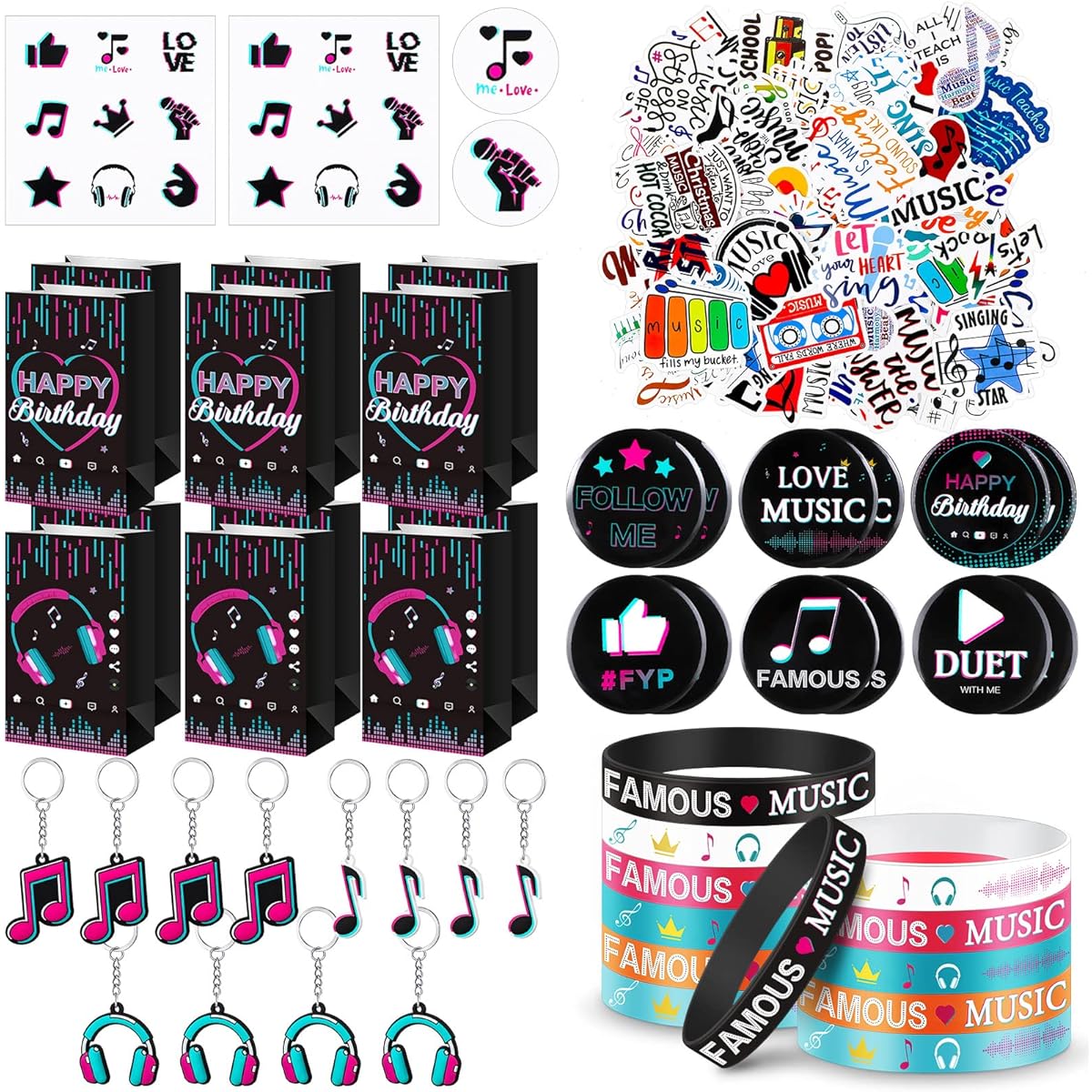 Music Party Favors, Music Party Gift Bags with Seal Stickers, Silicone Bracelets, Music Keychains, Pin Badges, Waterproof Music Stickers for Teens, Social Media, Birthday Party Favors (232 Pieces)