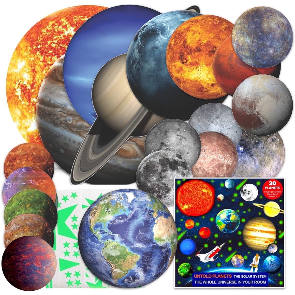UNTOLD PLANETS 200pcs Glow in the Dark Stars and Planets for Ceiling 3D Realistic NASA Space Decor with Asteroids Pluto Moon Sun Solar System Wall Decals for Kids Boys Room Decor Christmas Gifts