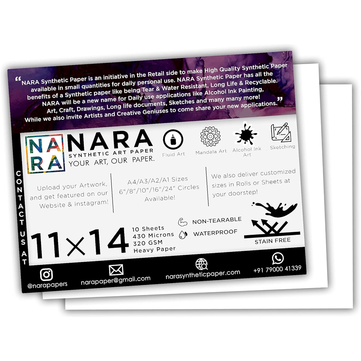 NARA | Alcohol Ink Paper | Paper for Alcohol Ink Painting | 11" x 14" (11" x 14") | 430 Micron/320GSM | Heavy Paper | 10 Sheets | 100% Stain Free