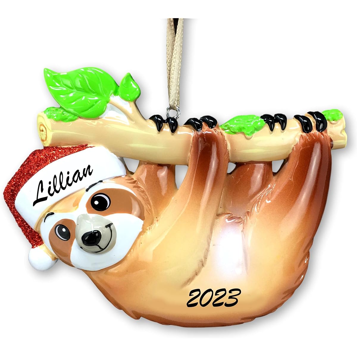 PolarX Sloth Hanging from a Limb Red Sparkly Santa Hat Christmas Ornament Customizable with Name and Date - 4"