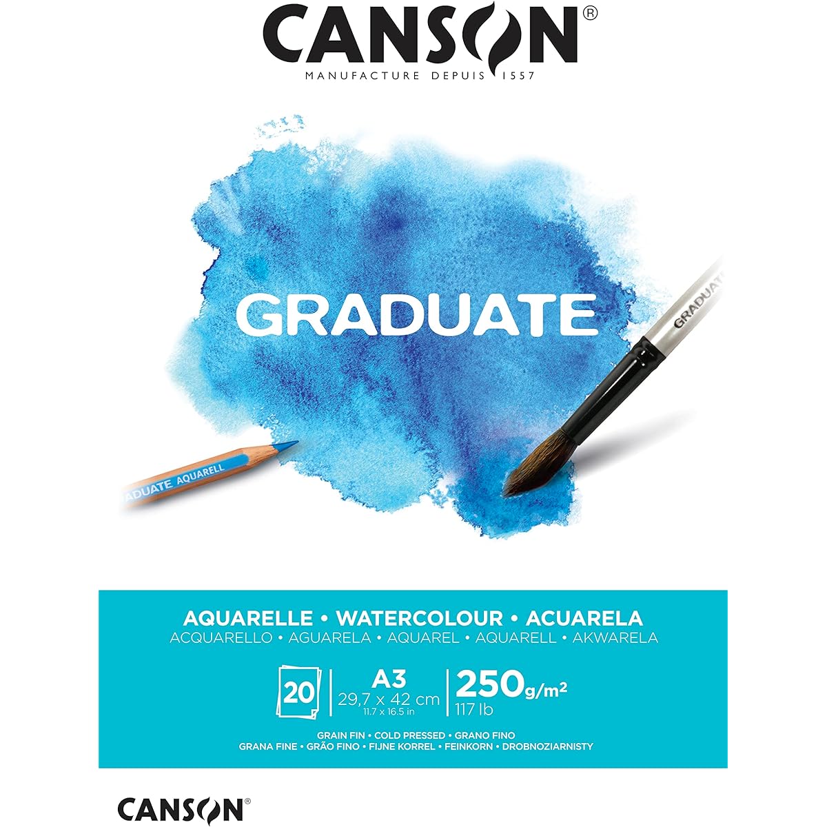 CANSON Graduate Watercolour 250gsm A3 Paper Cold Pressed Pad Glued Short Side Natural White Sheets 20 Pieces Ideal for Student Artists
