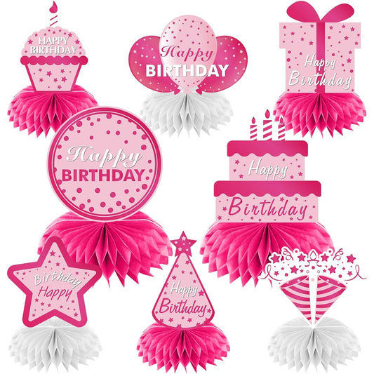 8pcs Happy Birthday Decorations Honeycomb Centerpieces Party Supplies for Girls,Hot Pink Birthday Honeycomb Table Decor,Happy Birthday Table Centerpiece Sign