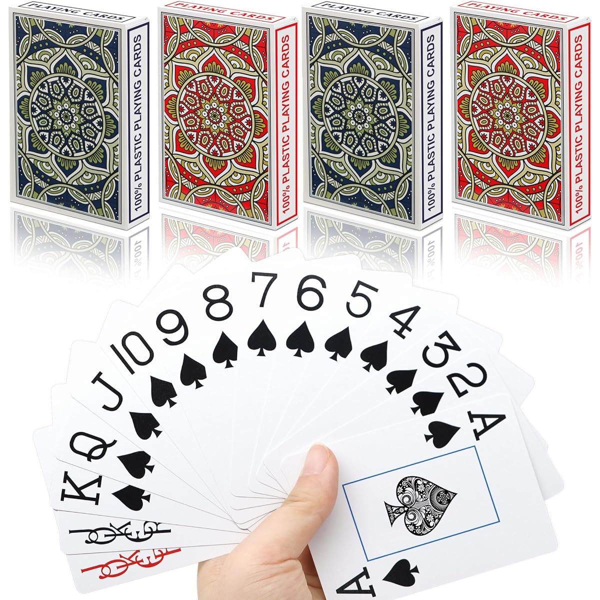 Metsyth Plastic Waterproof Playing Cards 4 Pack Poker Cards Jumbo Index Large Print Playing Cards for Adults/Seniors Bulk Deck Set Professional Bridge Size Cards