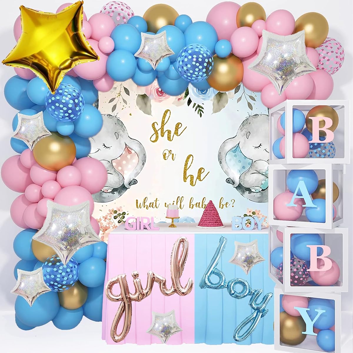 125pcs Baby Boxes Gender Reveal Decorations Pink and Blue Balloon Garland Arch Kit Letter DIY Baby Boxes with Balloons Birthday Decorations Boy or Girl Gender Reveal Party Supplies