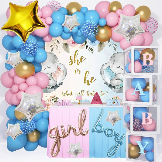 125pcs Baby Boxes Gender Reveal Decorations Pink and Blue Balloon Garland Arch Kit Letter DIY Baby Boxes with Balloons Birthday Decorations Boy or Girl Gender Reveal Party Supplies